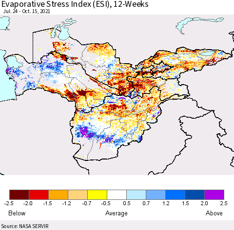Central Asia Evaporative Stress Index (ESI), 12-Weeks Thematic Map For 10/11/2021 - 10/17/2021