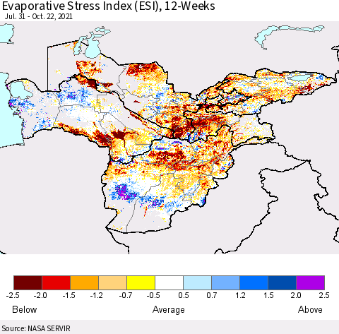 Central Asia Evaporative Stress Index (ESI), 12-Weeks Thematic Map For 10/18/2021 - 10/24/2021