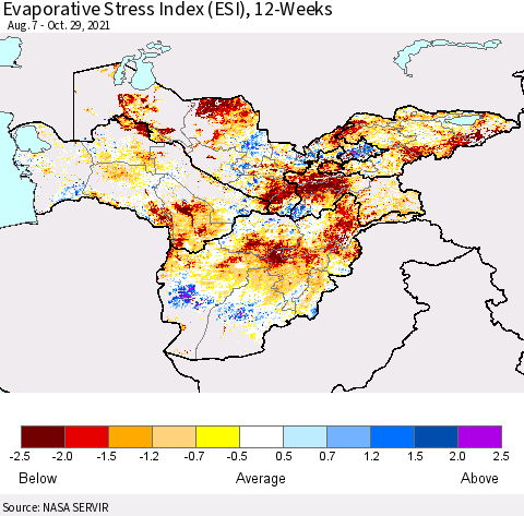Central Asia Evaporative Stress Index (ESI), 12-Weeks Thematic Map For 10/25/2021 - 10/31/2021