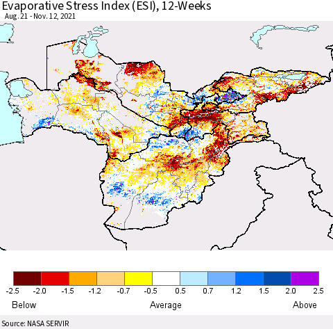 Central Asia Evaporative Stress Index (ESI), 12-Weeks Thematic Map For 11/8/2021 - 11/14/2021