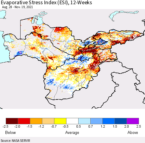 Central Asia Evaporative Stress Index (ESI), 12-Weeks Thematic Map For 11/15/2021 - 11/21/2021