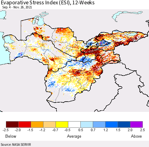 Central Asia Evaporative Stress Index (ESI), 12-Weeks Thematic Map For 11/22/2021 - 11/28/2021