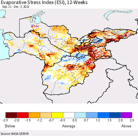 Central Asia Evaporative Stress Index (ESI), 12-Weeks Thematic Map For 11/29/2021 - 12/5/2021