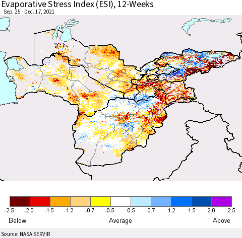 Central Asia Evaporative Stress Index (ESI), 12-Weeks Thematic Map For 12/13/2021 - 12/19/2021