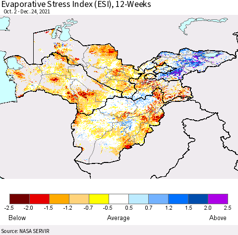 Central Asia Evaporative Stress Index (ESI), 12-Weeks Thematic Map For 12/20/2021 - 12/26/2021