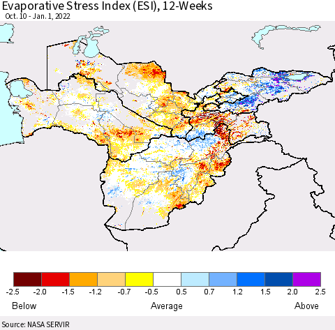 Central Asia Evaporative Stress Index (ESI), 12-Weeks Thematic Map For 12/27/2021 - 1/2/2022