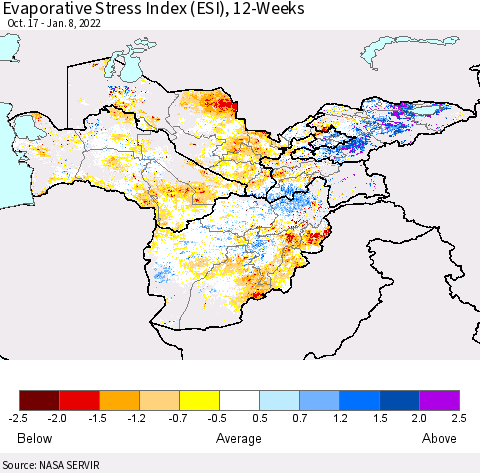 Central Asia Evaporative Stress Index (ESI), 12-Weeks Thematic Map For 1/3/2022 - 1/9/2022