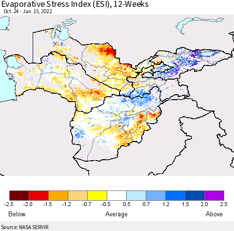 Central Asia Evaporative Stress Index (ESI), 12-Weeks Thematic Map For 1/10/2022 - 1/16/2022