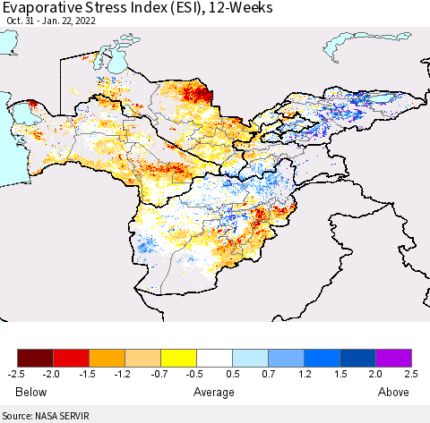 Central Asia Evaporative Stress Index (ESI), 12-Weeks Thematic Map For 1/17/2022 - 1/23/2022