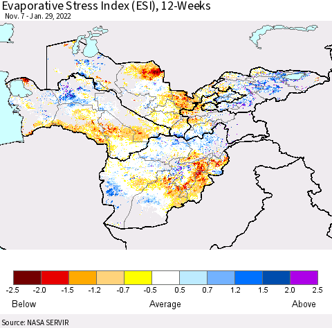 Central Asia Evaporative Stress Index (ESI), 12-Weeks Thematic Map For 1/24/2022 - 1/30/2022