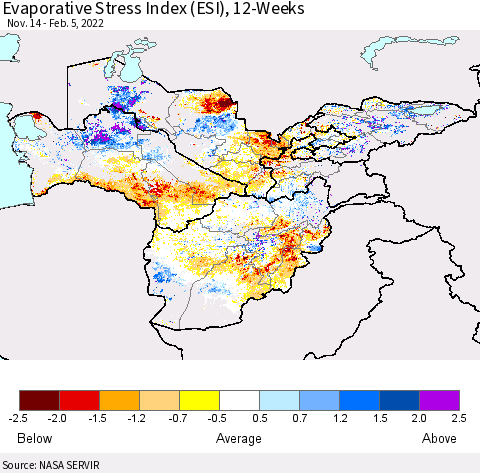 Central Asia Evaporative Stress Index (ESI), 12-Weeks Thematic Map For 1/31/2022 - 2/6/2022