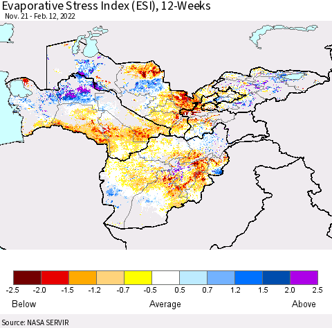 Central Asia Evaporative Stress Index (ESI), 12-Weeks Thematic Map For 2/7/2022 - 2/13/2022