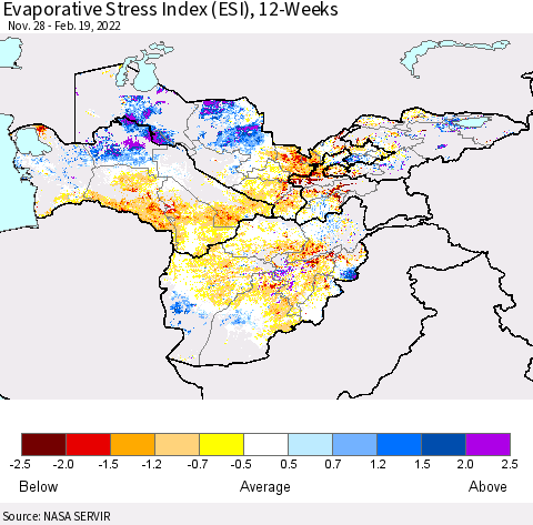 Central Asia Evaporative Stress Index (ESI), 12-Weeks Thematic Map For 2/14/2022 - 2/20/2022