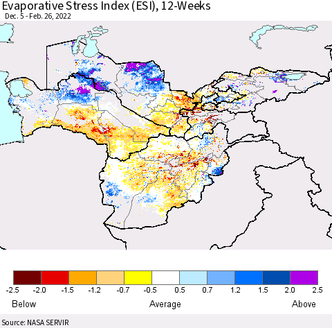 Central Asia Evaporative Stress Index (ESI), 12-Weeks Thematic Map For 2/21/2022 - 2/27/2022