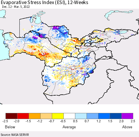 Central Asia Evaporative Stress Index (ESI), 12-Weeks Thematic Map For 2/28/2022 - 3/6/2022