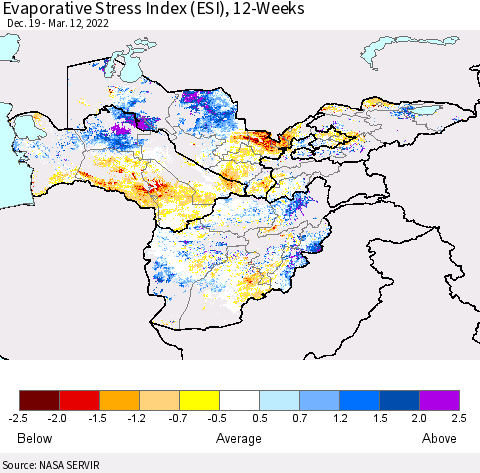 Central Asia Evaporative Stress Index (ESI), 12-Weeks Thematic Map For 3/7/2022 - 3/13/2022