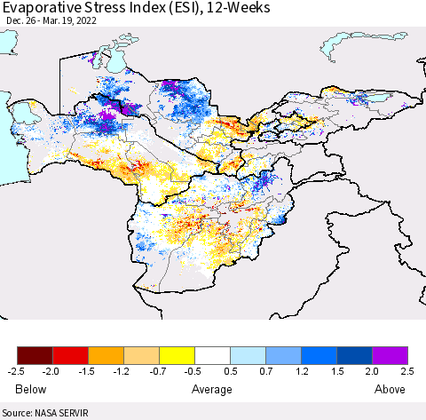 Central Asia Evaporative Stress Index (ESI), 12-Weeks Thematic Map For 3/14/2022 - 3/20/2022