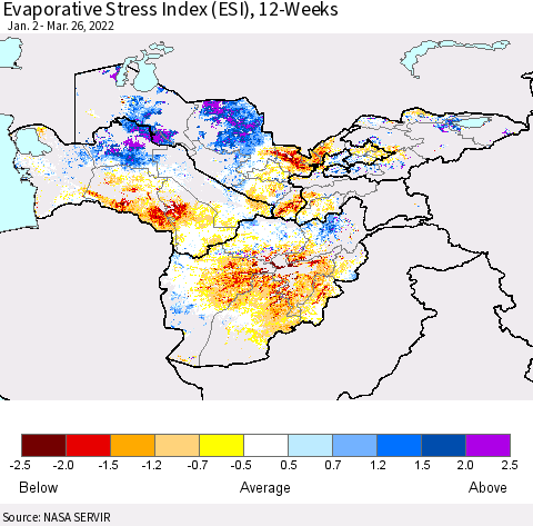 Central Asia Evaporative Stress Index (ESI), 12-Weeks Thematic Map For 3/21/2022 - 3/27/2022