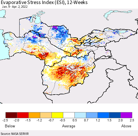 Central Asia Evaporative Stress Index (ESI), 12-Weeks Thematic Map For 3/28/2022 - 4/3/2022