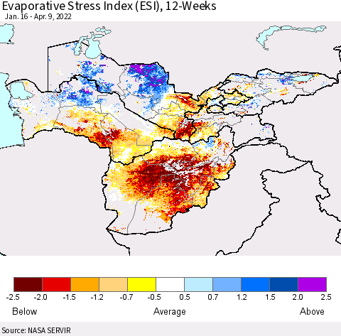 Central Asia Evaporative Stress Index (ESI), 12-Weeks Thematic Map For 4/4/2022 - 4/10/2022