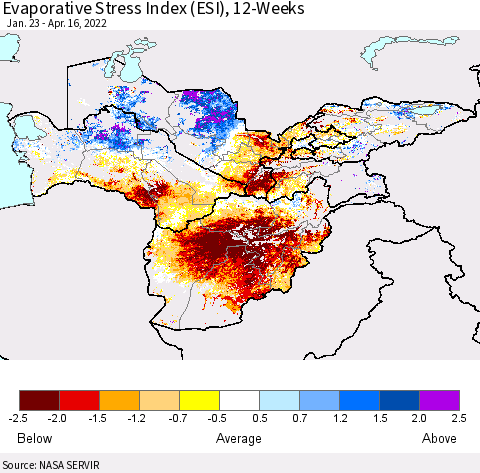 Central Asia Evaporative Stress Index (ESI), 12-Weeks Thematic Map For 4/11/2022 - 4/17/2022
