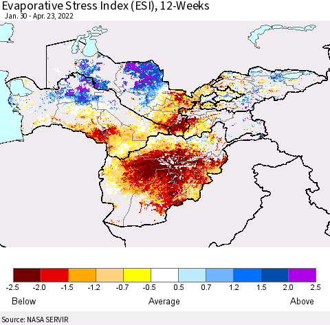 Central Asia Evaporative Stress Index (ESI), 12-Weeks Thematic Map For 4/18/2022 - 4/24/2022