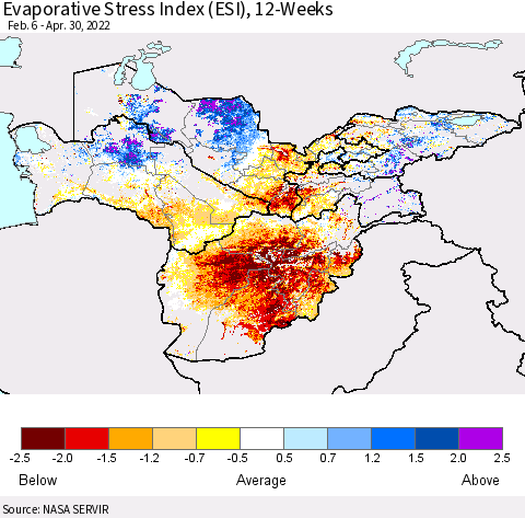 Central Asia Evaporative Stress Index (ESI), 12-Weeks Thematic Map For 4/25/2022 - 5/1/2022