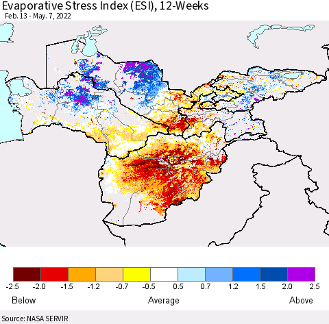 Central Asia Evaporative Stress Index (ESI), 12-Weeks Thematic Map For 5/2/2022 - 5/8/2022