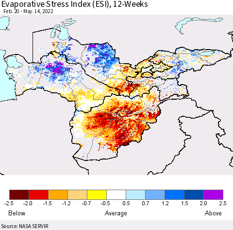 Central Asia Evaporative Stress Index (ESI), 12-Weeks Thematic Map For 5/9/2022 - 5/15/2022