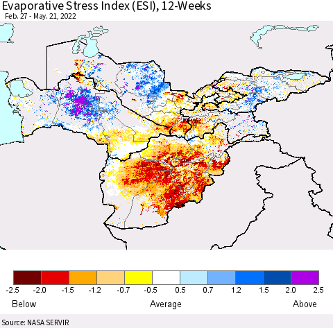 Central Asia Evaporative Stress Index (ESI), 12-Weeks Thematic Map For 5/16/2022 - 5/22/2022