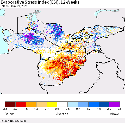 Central Asia Evaporative Stress Index (ESI), 12-Weeks Thematic Map For 5/23/2022 - 5/29/2022