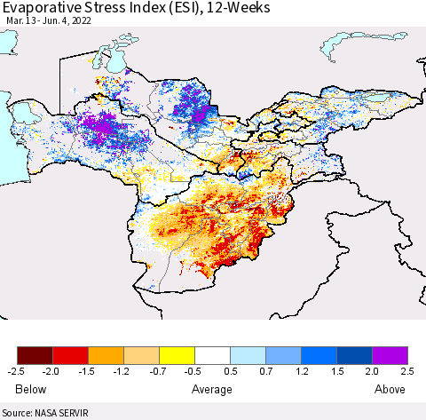 Central Asia Evaporative Stress Index (ESI), 12-Weeks Thematic Map For 5/30/2022 - 6/5/2022