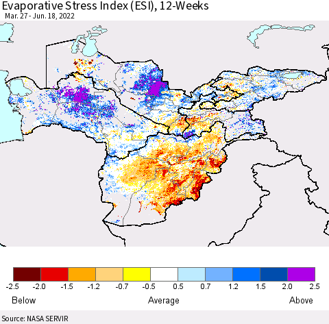 Central Asia Evaporative Stress Index (ESI), 12-Weeks Thematic Map For 6/13/2022 - 6/19/2022
