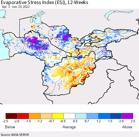 Central Asia Evaporative Stress Index (ESI), 12-Weeks Thematic Map For 6/20/2022 - 6/26/2022