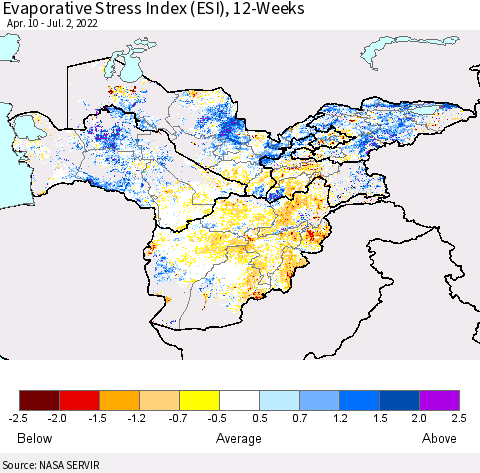Central Asia Evaporative Stress Index (ESI), 12-Weeks Thematic Map For 6/27/2022 - 7/3/2022