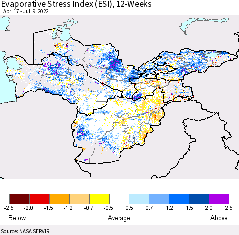 Central Asia Evaporative Stress Index (ESI), 12-Weeks Thematic Map For 7/4/2022 - 7/10/2022