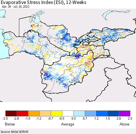 Central Asia Evaporative Stress Index (ESI), 12-Weeks Thematic Map For 7/11/2022 - 7/17/2022