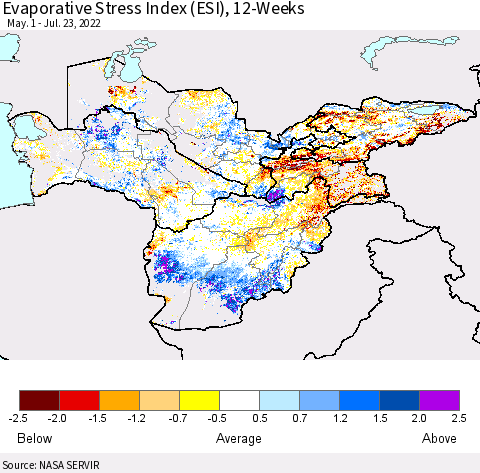 Central Asia Evaporative Stress Index (ESI), 12-Weeks Thematic Map For 7/18/2022 - 7/24/2022