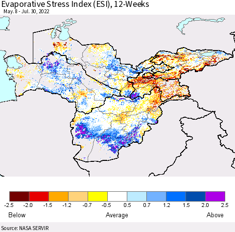 Central Asia Evaporative Stress Index (ESI), 12-Weeks Thematic Map For 7/25/2022 - 7/31/2022