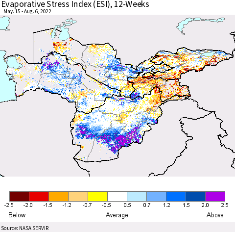Central Asia Evaporative Stress Index (ESI), 12-Weeks Thematic Map For 8/1/2022 - 8/7/2022
