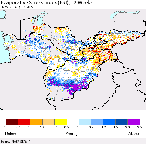 Central Asia Evaporative Stress Index (ESI), 12-Weeks Thematic Map For 8/8/2022 - 8/14/2022