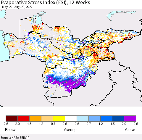 Central Asia Evaporative Stress Index (ESI), 12-Weeks Thematic Map For 8/15/2022 - 8/21/2022