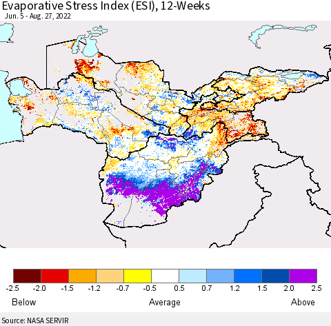 Central Asia Evaporative Stress Index (ESI), 12-Weeks Thematic Map For 8/22/2022 - 8/28/2022