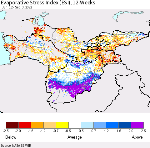 Central Asia Evaporative Stress Index (ESI), 12-Weeks Thematic Map For 8/29/2022 - 9/4/2022