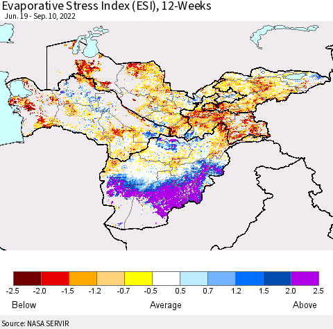 Central Asia Evaporative Stress Index (ESI), 12-Weeks Thematic Map For 9/5/2022 - 9/11/2022