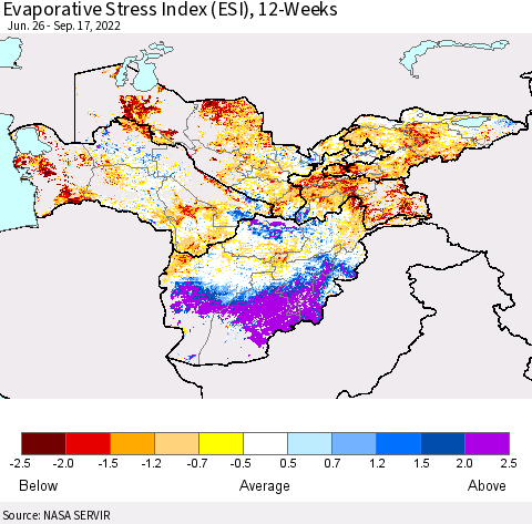 Central Asia Evaporative Stress Index (ESI), 12-Weeks Thematic Map For 9/12/2022 - 9/18/2022