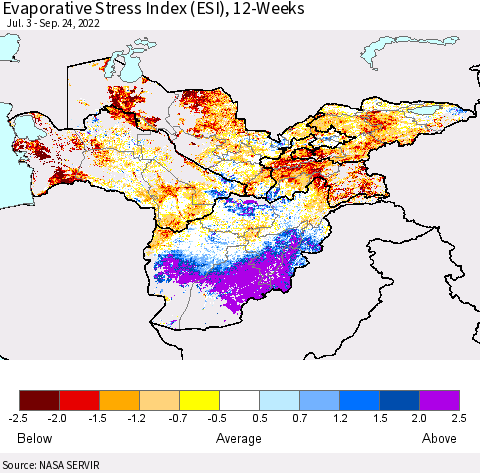 Central Asia Evaporative Stress Index (ESI), 12-Weeks Thematic Map For 9/19/2022 - 9/25/2022