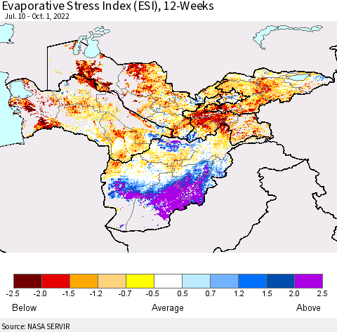 Central Asia Evaporative Stress Index (ESI), 12-Weeks Thematic Map For 9/26/2022 - 10/2/2022