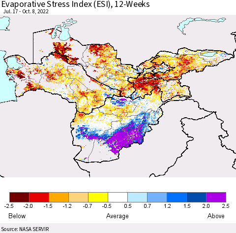 Central Asia Evaporative Stress Index (ESI), 12-Weeks Thematic Map For 10/3/2022 - 10/9/2022