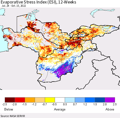 Central Asia Evaporative Stress Index (ESI), 12-Weeks Thematic Map For 10/10/2022 - 10/16/2022